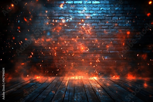 sparks of fire and light on the walls and wooden floor. Dark background with smoke and bright highlights. neon lamps on the wall