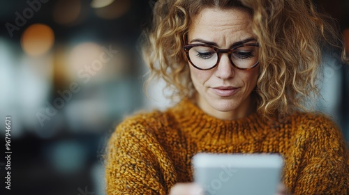 A woman with curly blonde hair and glasses intensely looks at her phone, wearing a mustard-yellow knit sweater, in a stylish indoor setting, representing modern day blend of tech and coziness. photo