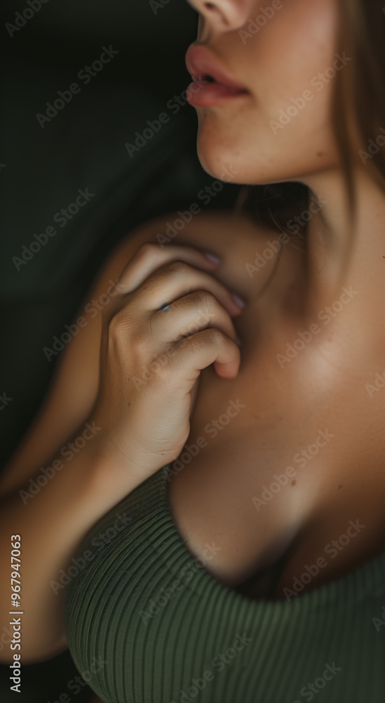 Close-up of a woman's lips and hand gently resting on her chest, highlighting softness, natural beauty, and a relaxed, intimate atmosphere Close-up of a woman's lips and hand gently resting on her chest, highlighting softness, natural beauty, and a relaxed, intimate atmosphere
