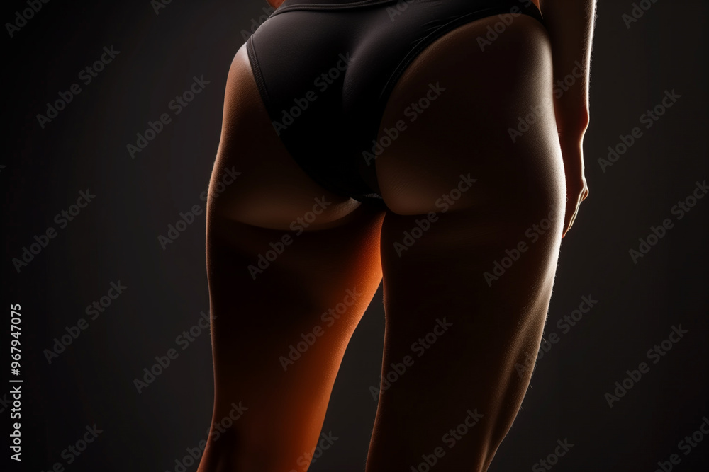 Naklejka premium Close-up of a woman's lower body in black underwear, backlit to highlight curves and muscle definition, emphasizing fitness, sensuality, and body confidence