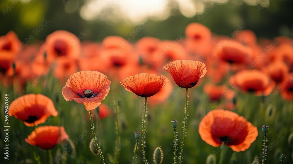 Fototapeta premium Vibrant Field of Red Poppies in Full Bloom