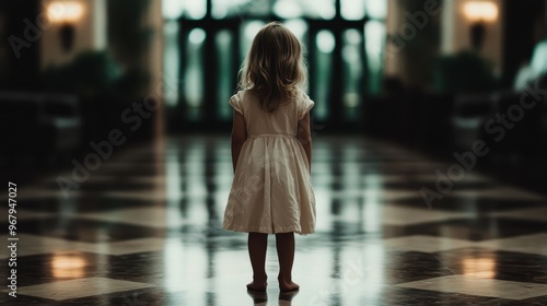 A young girl in a white dress stands alone at the center of a grand hallway with a checkered floor, gazing towards the entrance, exuding a sense of mystery and intrigue.