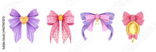Watercolor bow set, vector hand drawn girly ribbon, romantic vintage cute hair accessories clipart. Wedding holiday jewellery, silk fashion decoration, cartoon sticker. Retro watercolor bow collection