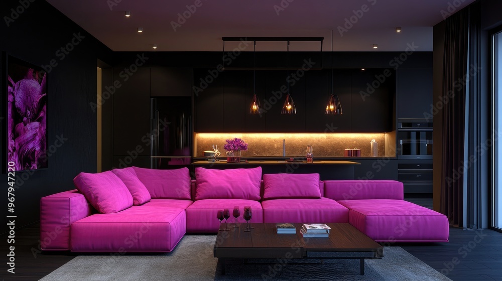 Modern Living Room Design with Pink Sofa and Black Walls - Interior Design Inspiration Modern Living Room Design with Pink Sofa and Black Walls - Interior Design Inspiration