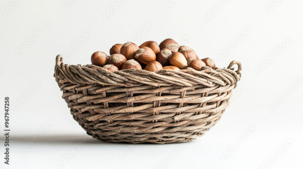 A basket made of woven twigs holds hazelnuts. The basket is set against a plain white backdrop. A basket made of woven twigs holds hazelnuts. The basket is set against a plain white backdrop.