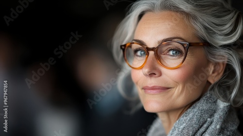 An elderly woman with flowing gray hair wears modern orange glasses and a scarf, showcasing a blend of style and wisdom in a contemporary setting with a soft focus.