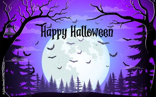 Halloween cemetery silhouette landscape. Halloween party scary background or banner, fall season creepy vector backdrop with flying bats. Vector Illustration