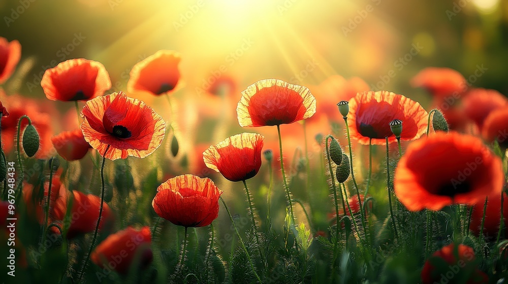 Fototapeta premium Vibrant Field of Red Poppies in Full Bloom