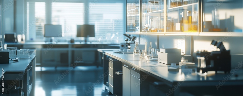 Modern science laboratory with cabinets, research desks, computers, banner. Generative AI. Modern science laboratory with cabinets, research desks, computers, banner. Generative AI.