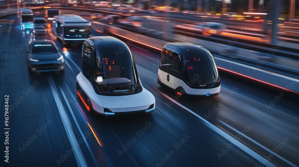 Two Futuristic Autonomous Vehicles Driving on a Highway at Night Two Futuristic Autonomous Vehicles Driving on a Highway at Night