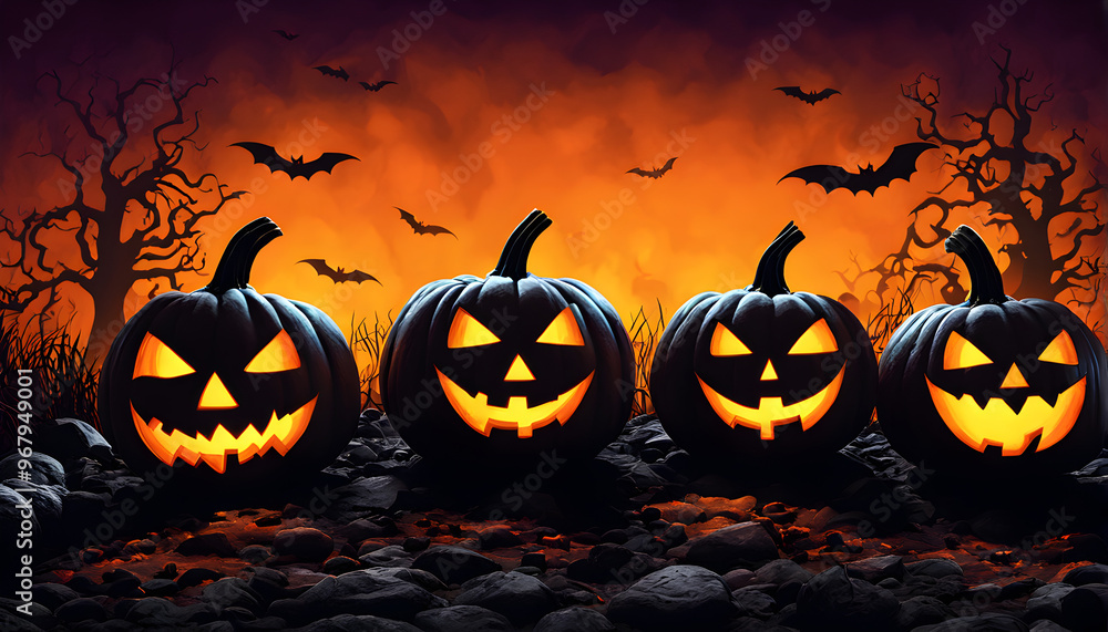 Spooky Halloween Scene with Jack-o'-Lanterns, Haunted Castle, and Full Moon
Spooky Halloween Scene with Jack-o'-Lanterns, Haunted Castle, and Full Moon