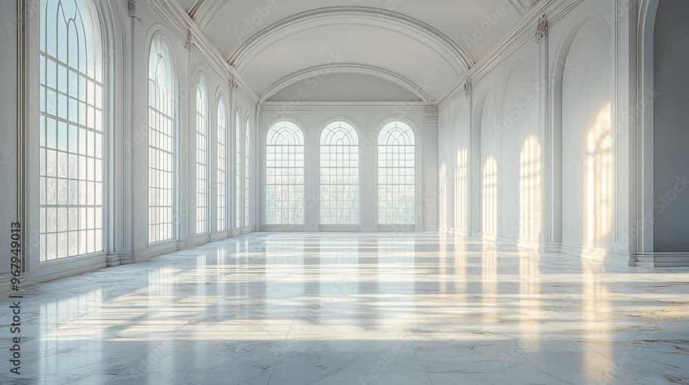 Sunlight streams through tall windows in an elegant, white ballroom. Sunlight streams through tall windows in an elegant, white ballroom.