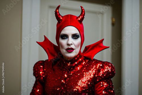 Woman dressed in an devil costume. The individual has a pale complexion and is wearing dramatic makeup. The costume is red, adorned with sequins and glitter. Halloween
