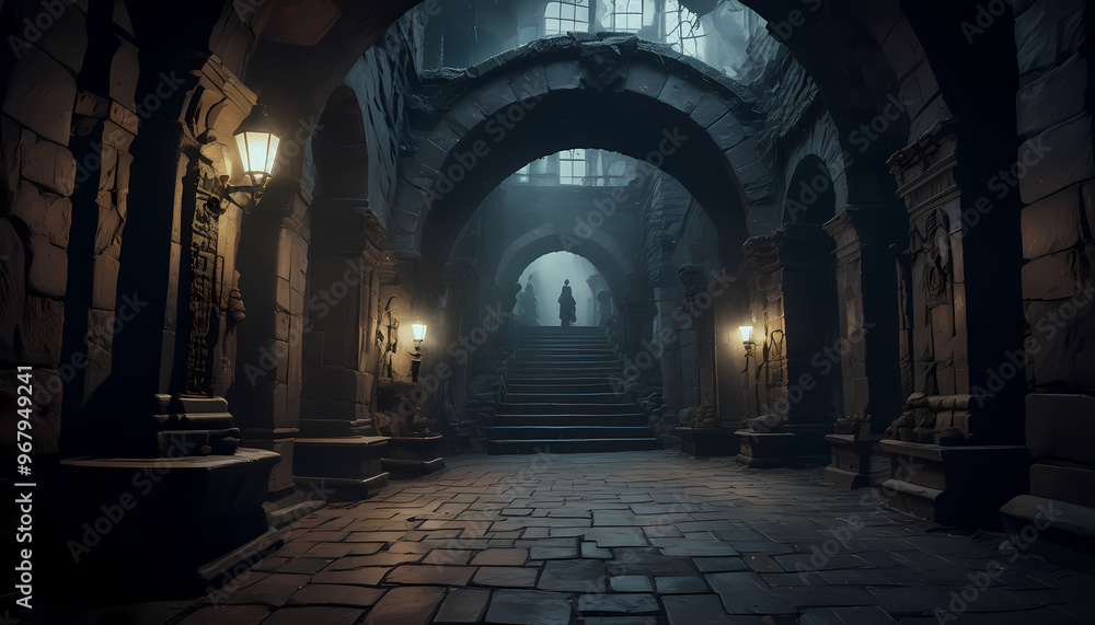 Fototapeta premium Castle dungeon, gothic setting with candles, dark and creepy background, setting, fantasy game, dark and creepy