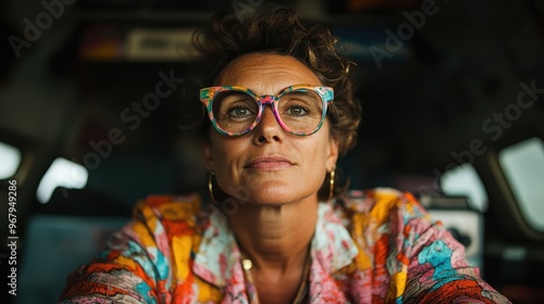 A thoughtful woman sporting colorful glasses and a vibrant patterned outfit posing against an artistic background, showcasing her confident and dynamic personality. photo