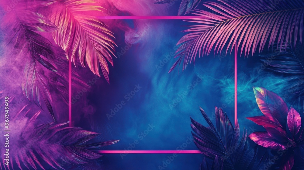 Neon-lit Tropical Leaves with a Pink Border and Blue Smoke Neon-lit Tropical Leaves with a Pink Border and Blue Smoke