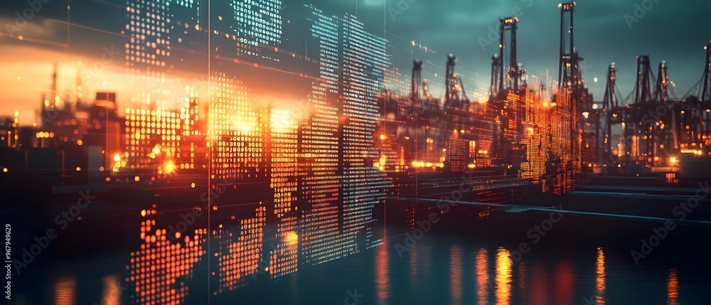 visualization showcasing the impact of foreign trade imports and global market dynamics on the economy including the cityscape of an industrial and commercial hub with infrastructure transportation visualization showcasing the impact of foreign trade imports and global market dynamics on the economy including the cityscape of an industrial and commercial hub with infrastructure transportation