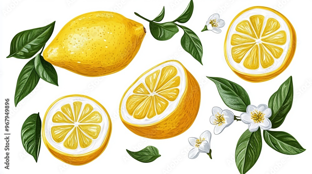 A set of lemons featuring branches with leaves and flowers. This hand-drawn collection of exotic fruits includes whole lemons, halves, and slices, all in vibrant yellow, isolated on a white background A set of lemons featuring branches with leaves and flowers. This hand-drawn collection of exotic fruits includes whole lemons, halves, and slices, all in vibrant yellow, isolated on a white background