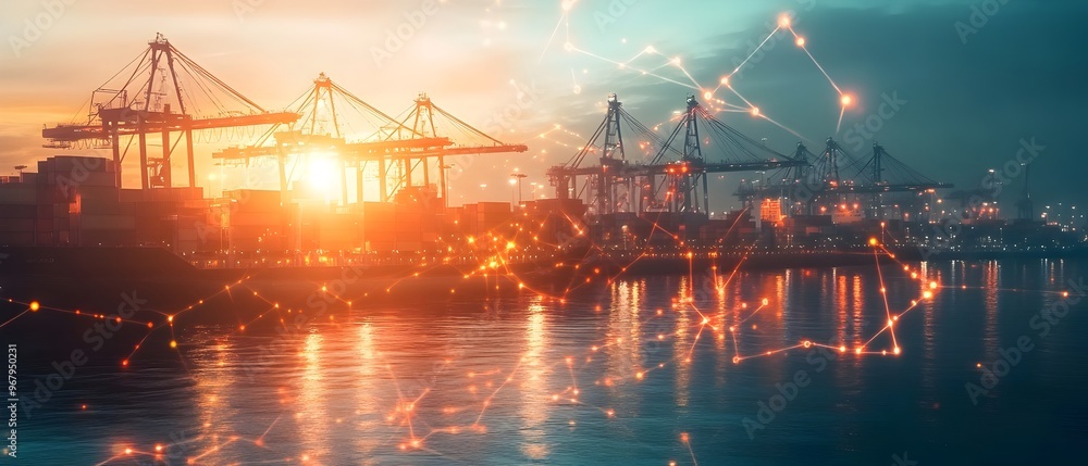 Globalization s Influence on Foreign Trade Imports with International Connections Trade Routes and Market Photography Concept with Urban Skyline Harbor Cranes and Sunset Reflections Globalization s Influence on Foreign Trade Imports with International Connections Trade Routes and Market Photography Concept with Urban Skyline Harbor Cranes and Sunset Reflections