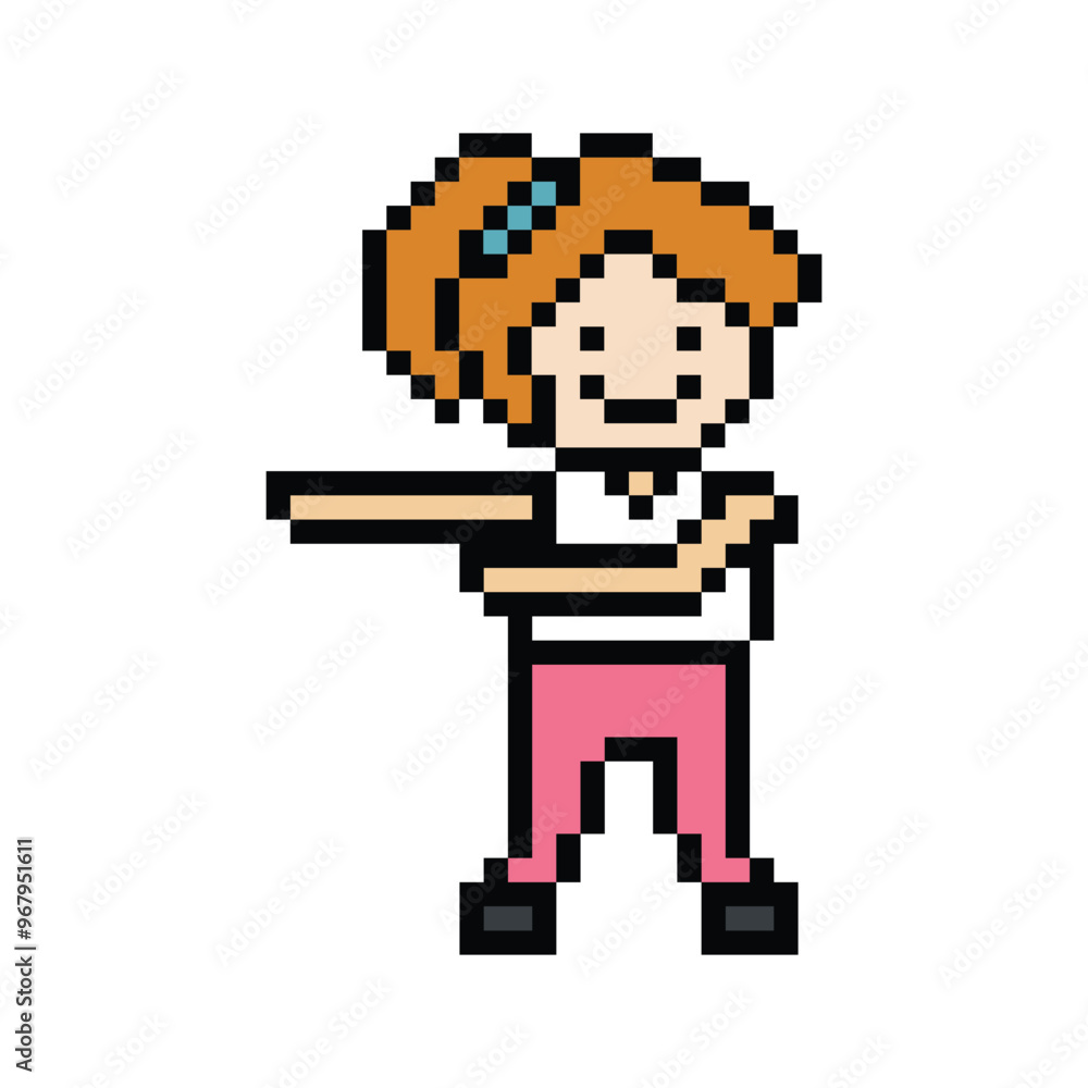 Obraz premium Cute pixel cartoon 8bit character woman exercises training dance lifestyle music decoration life style 8 bit female girl dance with music game fitness isolated PNG vector.