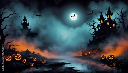 Scary halloween background with pumpkin, castle and full moon. copy space for teks. Generate AI photo