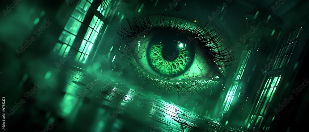 A mesmerizing close-up of a green eye set against a dark, abstract background, evoking mystery and intrigue. A mesmerizing close-up of a green eye set against a dark, abstract background, evoking mystery and intrigue.