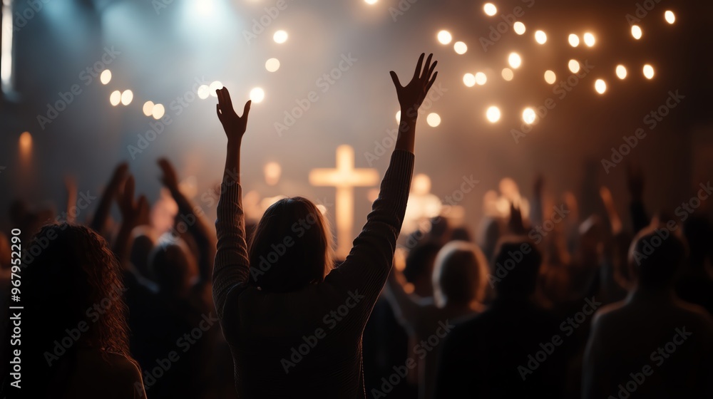 Silhouette of people worshiping with raised hands in a church, illuminated by soft lights, creating a spiritual and uplifting atmosphere. Silhouette of people worshiping with raised hands in a church, illuminated by soft lights, creating a spiritual and uplifting atmosphere.