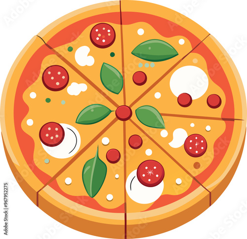 A colorful vector depiction of a round pizza featuring tomatoes, basil and cheese set on a clean white background