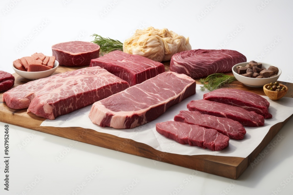 Various cuts of fresh meat displayed on a wooden board with seasonings in bright lighting Various cuts of fresh meat displayed on a wooden board with seasonings in bright lighting