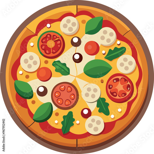 A colorful vector depiction of a round pizza featuring tomatoes, basil and cheese set on a clean white background