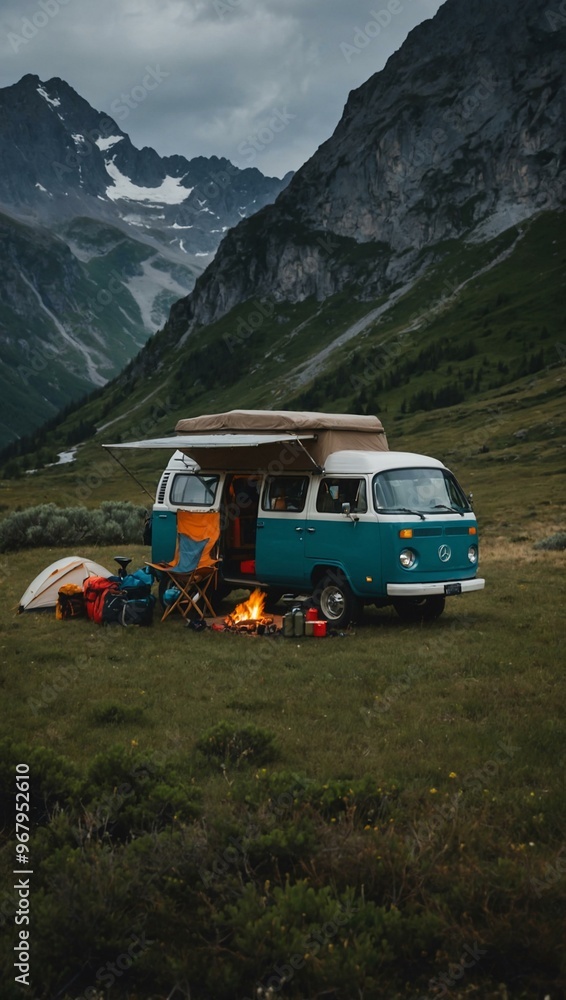 Van with camping gear in mountains Van with camping gear in mountains