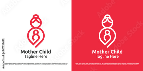Mother child care logo design illustration. Linear silhouette of mother hugging baby child affection love. Simple minimal geometric feminine calm gentle peace icon symbol.

