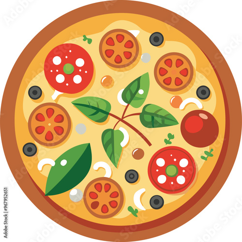 A colorful vector depiction of a round pizza featuring tomatoes, basil and cheese set on a clean white background