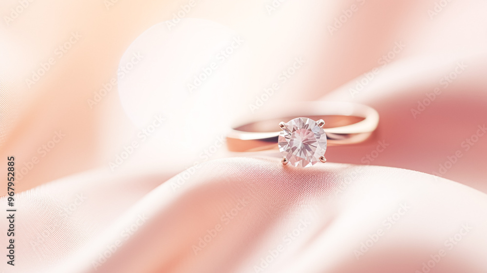 Jewellery, proposal and holiday gift, diamond engagement ring on pink silk fabric, symbol of love, romance and commitment inspiration Jewellery, proposal and holiday gift, diamond engagement ring on pink silk fabric, symbol of love, romance and commitment inspiration