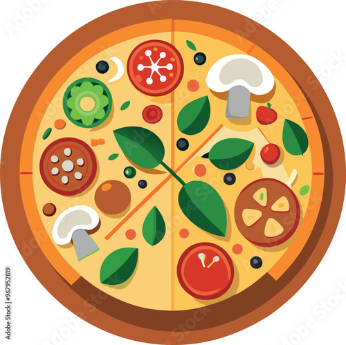 A colorful vector depiction of a round pizza featuring tomatoes, basil and cheese set on a clean white background