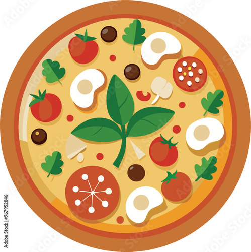 A colorful vector depiction of a round pizza featuring tomatoes, basil and cheese set on a clean white background