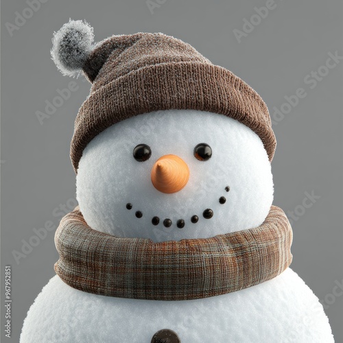 A cheerful snowman wearing a knitted hat and scarf, with a smiling face. photo