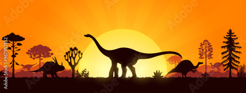 Giant dinosaur silhouettes in Jurassic era sunset in prehistoric forest, vector background. Dinosaurs and giant lizard silhouettes in mountain valley landscape with sun in sky for paleontology museum