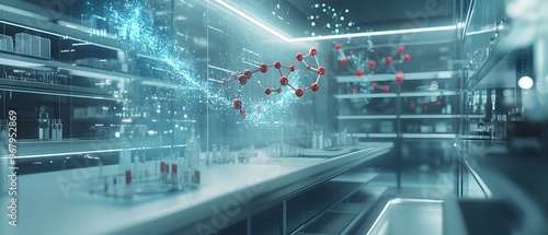 High tech futuristic biotech laboratory with holographic molecular models floating in mid air showcasing cutting edge biotechnology scientific innovation and digital data visualization