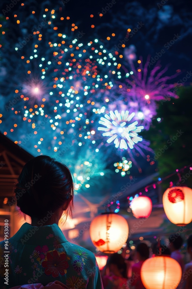 Fototapeta premium Colorful Fireworks Display at Japanese Festival with Yukata Clad Participants and Illuminated Lanterns