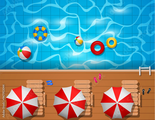 Swimming pool top view background. water ring umbrella lounger. Vector illustration
