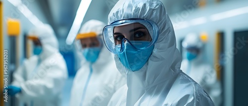 Team of Scientists in Protective Hazmat Suits Performing Experiments with Biohazardous Materials in a Specialized Laboratory Setting photo