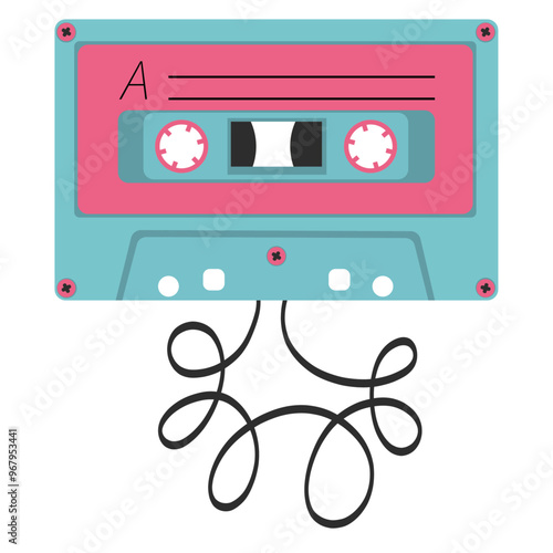 90’s style cassette with a pulled out tape - vector CMYK