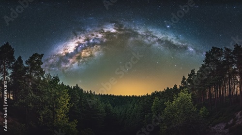 A stunning night sky filled with stars and the Milky Way over a forest landscape. photo