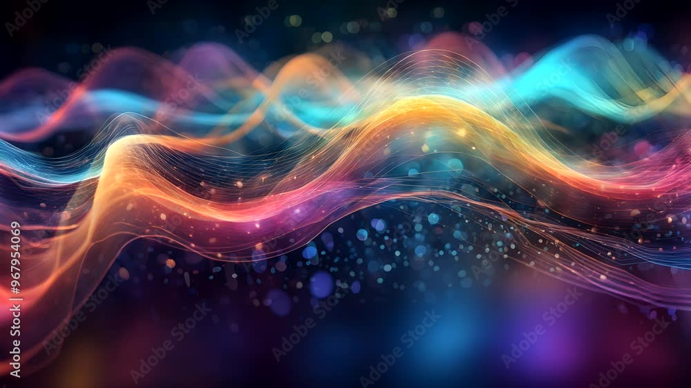 Abstract colorful waves with glowing particles creating a dynamic visual effect. Abstract colorful waves with glowing particles creating a dynamic visual effect.