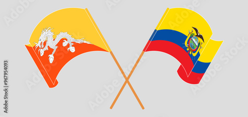 Crossed and waving flags of Bhutan and Republic of Ecuador. Vector illustration