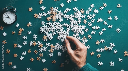 A jigsaw puzzle made of clock pieces, with one hand placing the final piece, the importance of organizing time and tasks to complete the bigger picture