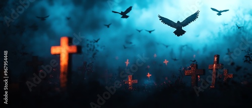 A haunting graveyard scene with glowing crosses and dark, ominous clouds filled with flying birds, evoking a sense of mystery.