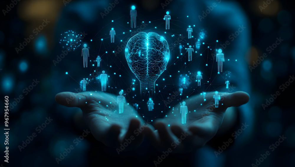 A person holding a glowing light bulb surrounded by digital people icons, symbolizing innovative ideas and connectivity in technology. A person holding a glowing light bulb surrounded by digital people icons, symbolizing innovative ideas and connectivity in technology.