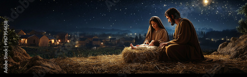 Nativity of Christ. Mary, Joseph and baby Jesus, surrounded by animals and warm light, festive atmosphere, religion of Christmas